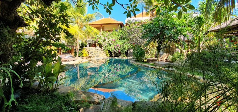 A serene pool surrounded by lush greenery and tropical plants. The blue sky reflects on the water's surface, and the area is enclosed by a variety of trees and shrubs. A house or villa with a thatched roof is partially visible in the background, adding to the tranquil, resort-like atmosphere.