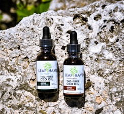 Two bottles of Leaf Haven THC-Free CBD Oil are placed on a textured rock surface. Each bottle has a dropper cap and distinct labeling. The bottle on the left is labeled Mystic Mint, while the one on the right is labeled Orange Mist. The background is a rough, uneven stone, adding a natural and earthy feel to the setting.