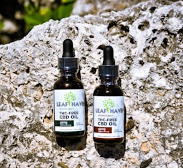 Two bottles of Leaf Haven THC-Free CBD Oil are placed on a textured rock surface. Each bottle has a dropper cap and distinct labeling. The bottle on the left is labeled Mystic Mint, while the one on the right is labeled Orange Mist. The background is a rough, uneven stone, adding a natural and earthy feel to the setting.