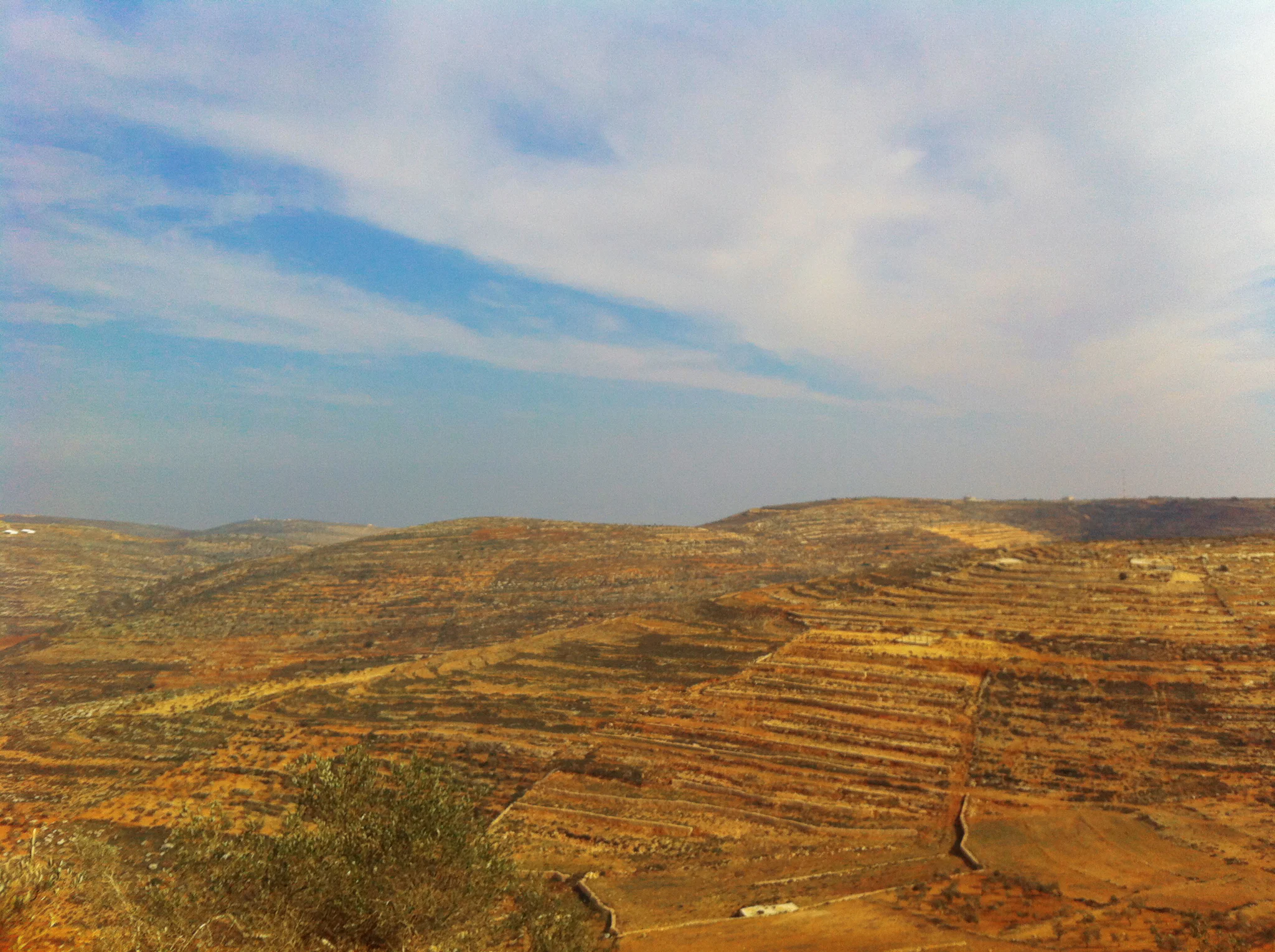 Terraced hillsides in brown and gold under a wide sky with streaks of cloud