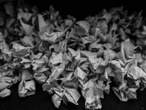 A collection of crumpled pieces of graph paper, all piled together creating a texture of folds and creases. The image is in grayscale, highlighting the intricate patterns and shadows formed by the overlapping papers.