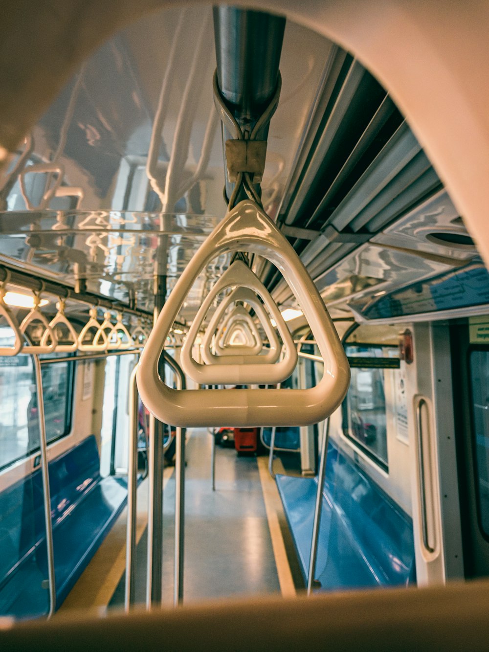 white and blue train interior