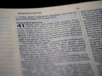 A close-up view of an open Bible, focusing on a section that includes the story of Pharaoh's dreams. The text is printed in two columns with a chapter heading in bold. The page appears to be slightly angled, with the text reading 'Pharaoh's dreams' and detailing a biblical passage.