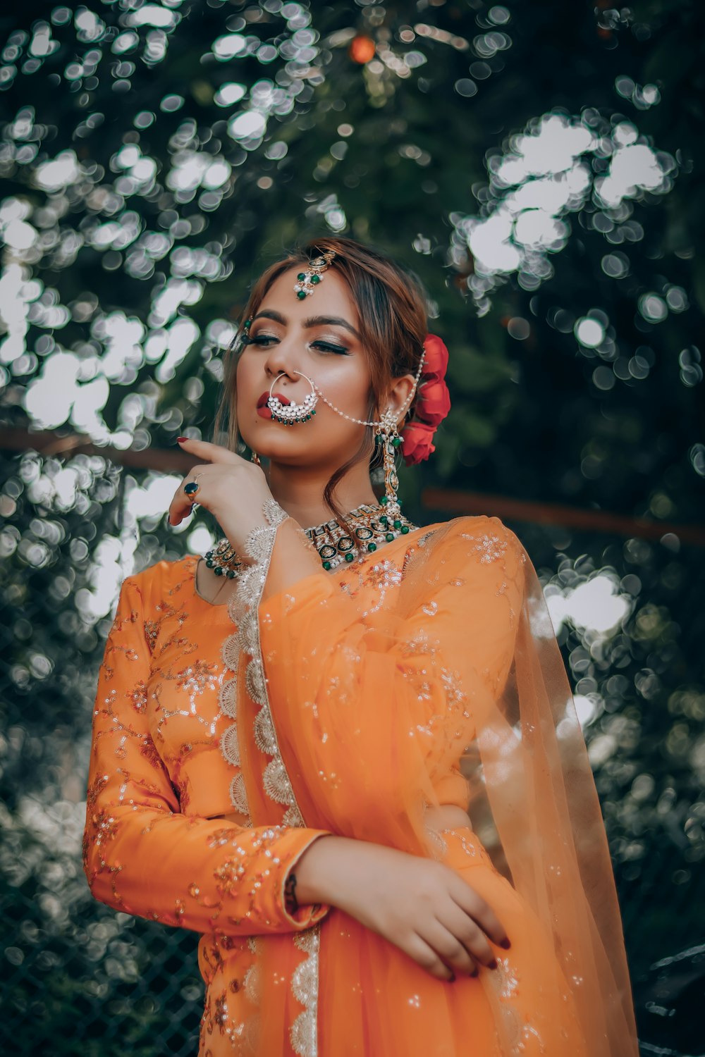 woman in orange long sleeve dress