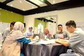 A group of five people are gathered around a table in a meeting room, discussing and working together. Two people are wearing headscarves, and one person is using a laptop. The room is well-lit, with papers and documents on the walls, and there is a silver thermos and drinks on the table.