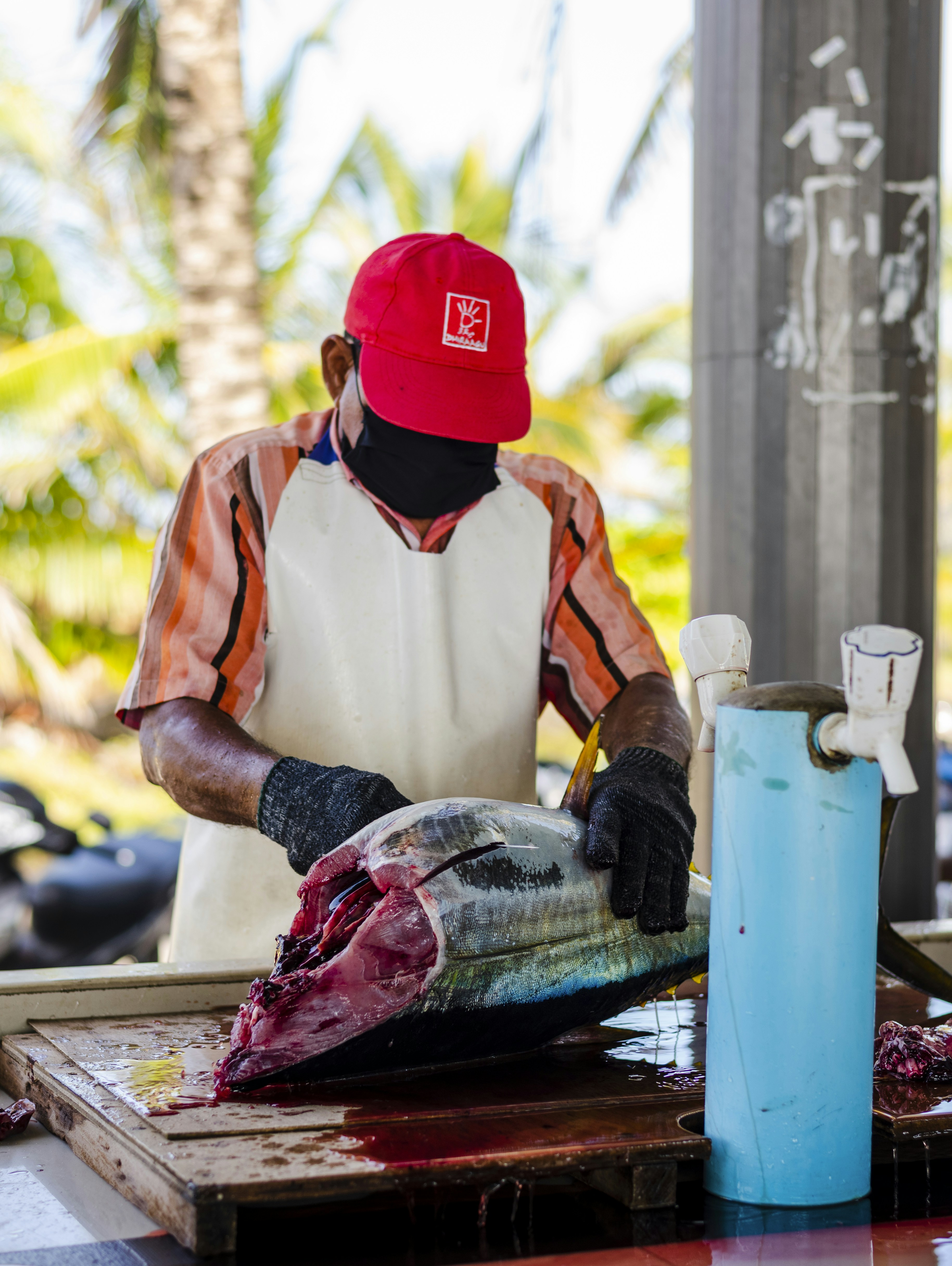 Hombre con camisa de manga larga blanca y roja y gorra roja sosteniendo una red de pesca