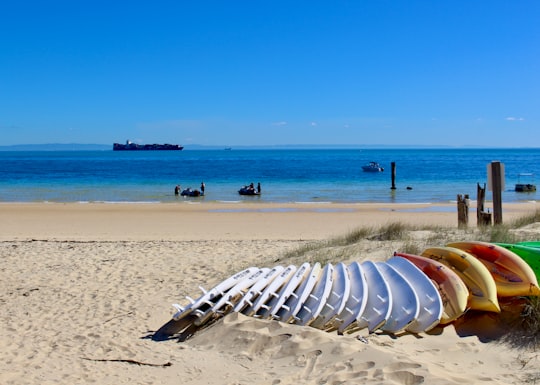 white plastic chairs on beach during daytime in Moreton Island Australia