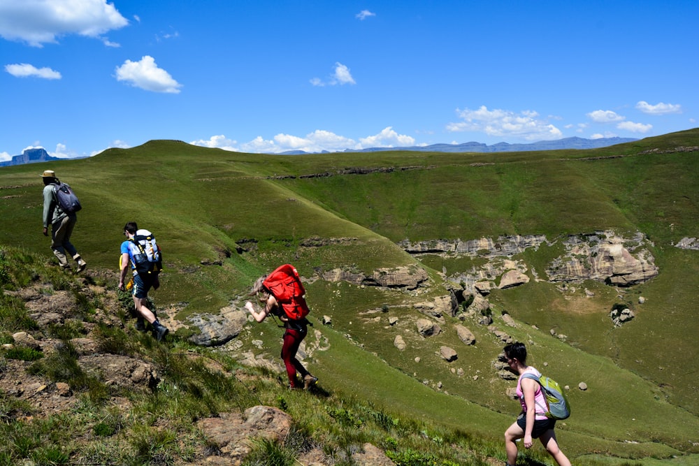 people hiking on green grass field during daytime