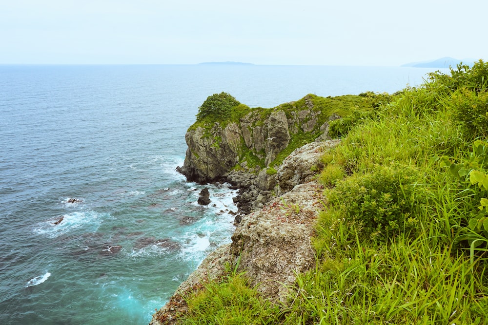 green grass covered mountain beside sea during daytime