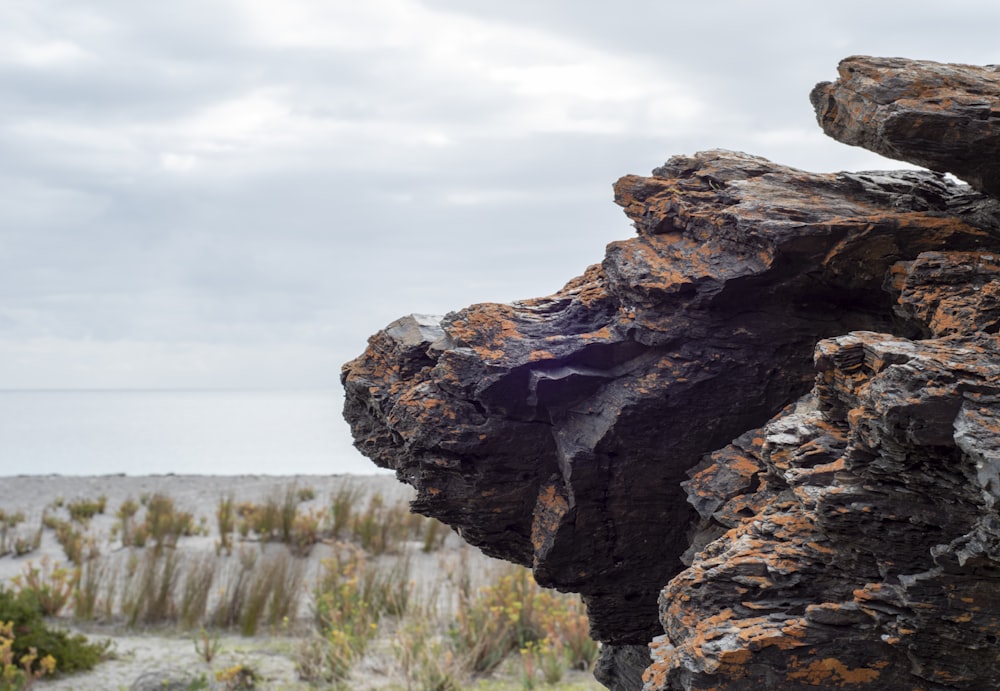 a close up of a rock formation on a beach