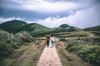 A picturesque landscape featuring a couple walking hand in hand near a scenic backdrop.