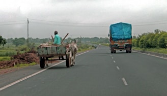 A convoy of raju tempo trucks traveling on a highway through the countryside.