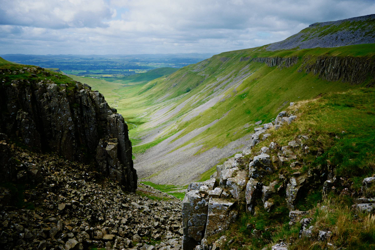 High Cup Nick, a steep U-shaped valley lined with crags in the North Pennines