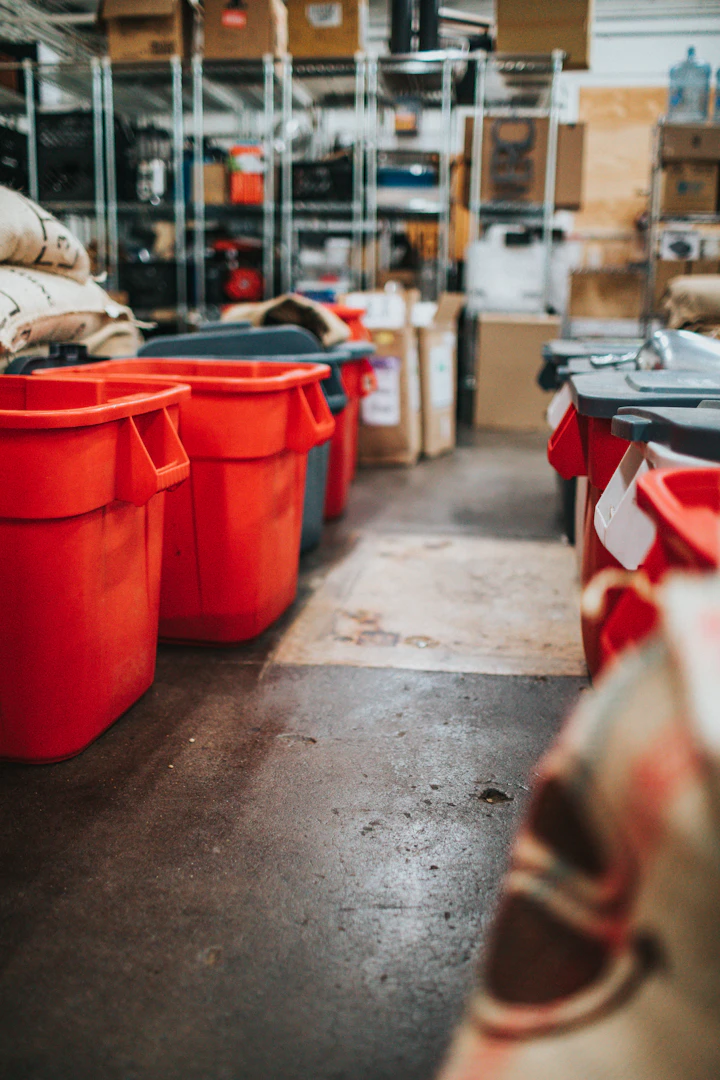 red plastic trash bins on street