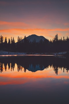 A serene landscape featuring mountains and a tranquil lake at sunset.