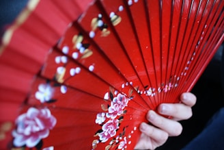 A hand is holding an intricately designed red folding fan decorated with colorful floral patterns, predominantly featuring pink and white flowers, along with other small decorative elements.