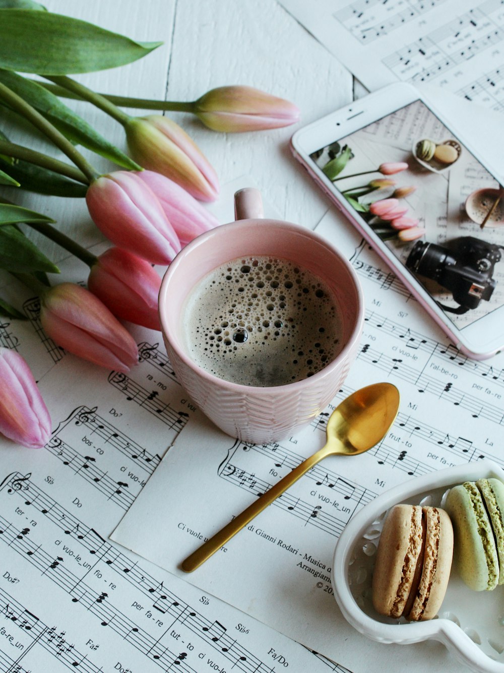 pink tulips on white paper