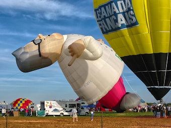 A whimsical large inflatable figure shaped like a cartoonish character, wearing glasses and a white coat, is tethered to the ground at a hot air balloon festival. Numerous people are gathered around, with various colorful hot air balloons in the background and a bright blue sky above.