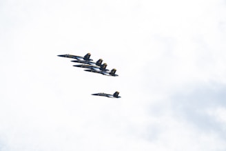 Six fighter jets are flying in a precise formation against a cloudy sky. The jets appear sleek and have a dark color with some yellow accents. They are expertly aligned, showcasing a dynamic aerial display.
