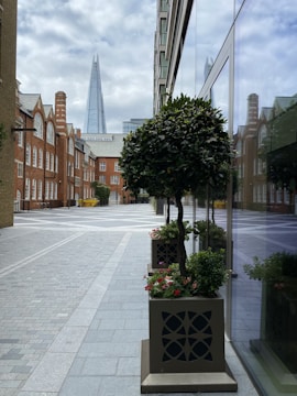A modern urban scene featuring a pathway lined with neatly trimmed bushes in decorative planters. In the background, a tall, glass skyscraper rises sharply into a partly cloudy sky. The surroundings include historic looking brick buildings with arched windows, and a reflective modern glass building on the right.