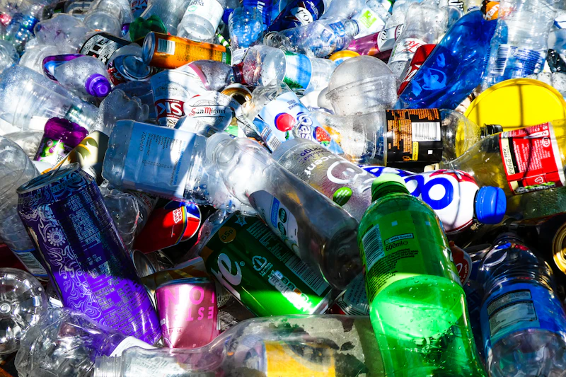 Colourful plastic bottles and cans shining in bright sunlight