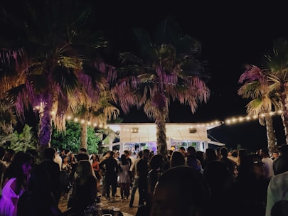 A lively outdoor nighttime gathering with a large crowd of people socializing under palm trees. String lights illuminate the area, creating a festive atmosphere. A bar or kiosk is visible in the background, adding to the party setting.