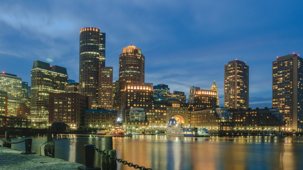 city skyline during night time