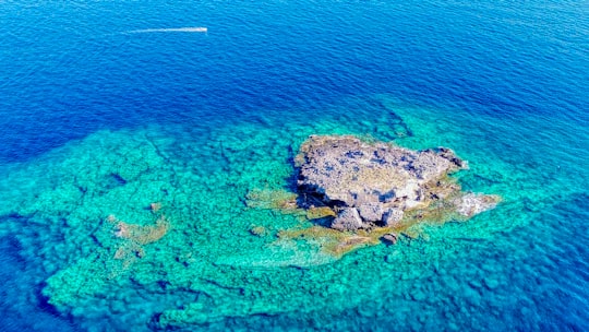 aerial view of green and brown island in the middle of blue sea in Aghia Fotia Beach Greece