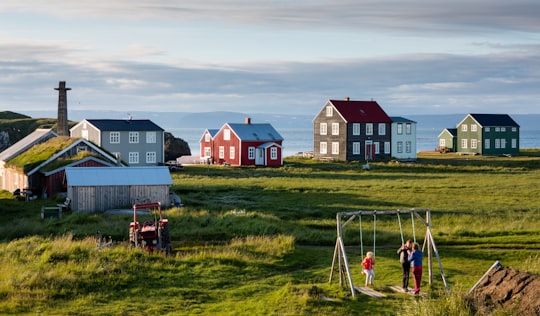 people sitting on red chairs on green grass field near white and red house during daytime in Flatey Iceland