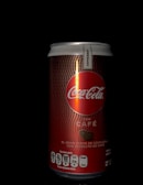 A can of Coca-Cola with Coffee is displayed against a black background. The can has a red and brown design with the Coca-Cola logo prominently featured and text indicating it's an espresso flavor. The nutritional information is visible at the bottom.