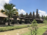 A traditional Balinese temple complex featuring multiple Meru towers with tiered pagoda-like roofs standing in the midst of lush greenery. There is a palm tree on the left side, and a small canal runs along the foreground with manicured grass on either side. The sky is clear with some scattered clouds, creating a serene and tranquil atmosphere.