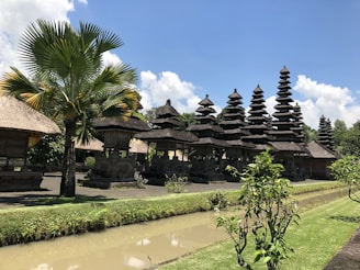 A traditional Balinese temple complex featuring multiple Meru towers with tiered pagoda-like roofs standing in the midst of lush greenery. There is a palm tree on the left side, and a small canal runs along the foreground with manicured grass on either side. The sky is clear with some scattered clouds, creating a serene and tranquil atmosphere.