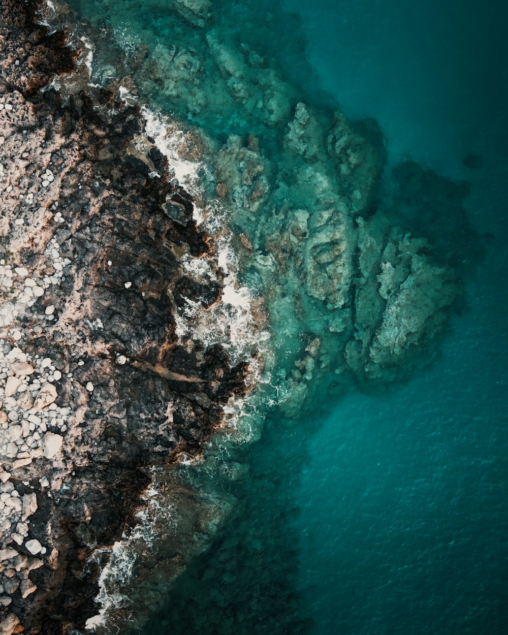 Formación de rocas marrones y negras en el cuerpo de agua durante el día