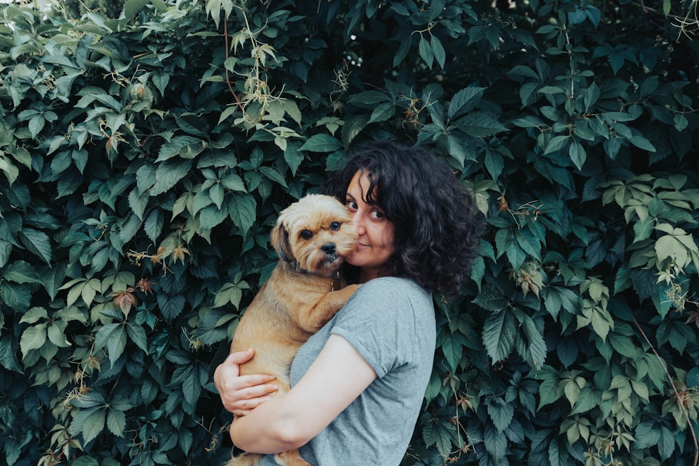 woman in gray t-shirt holding brown short coated dog