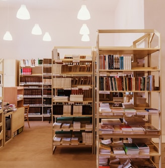 brown wooden book shelves with books