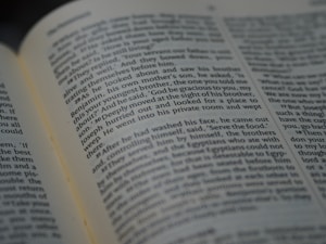 A close-up view of an open book, displaying text in a serif font. The text appears to be a narrative or dialogue. The focus is on the center of the page, with some text slightly blurred at the edges, suggesting depth of field.