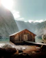 A cozy lakeside cabin with morning sunlight reflecting on Pushaw Lake.