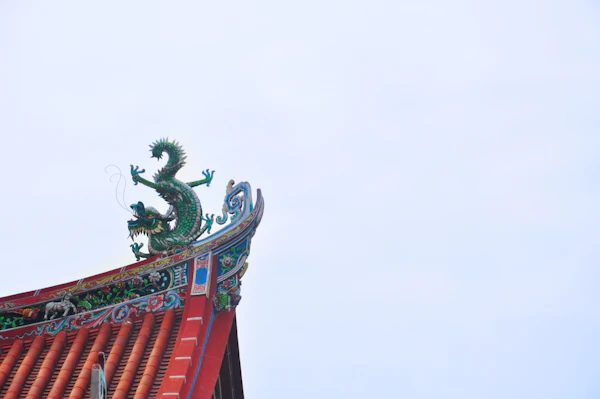 Ornate red temple roof in George Town, Penang