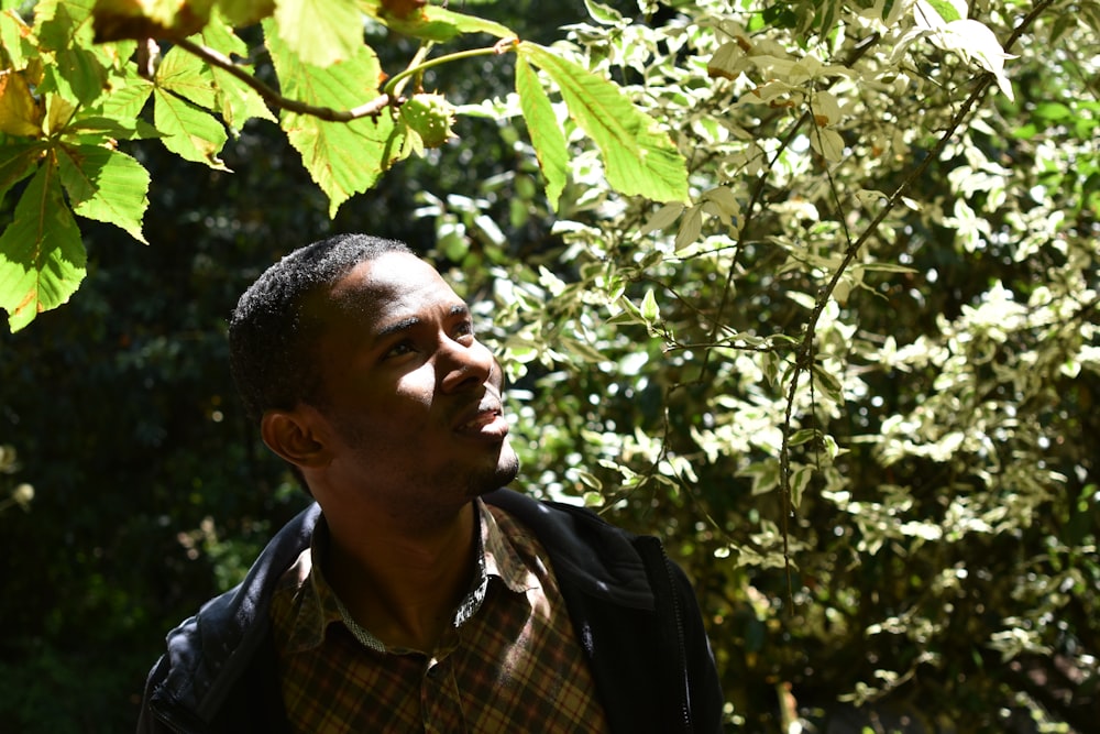 man in black and gray plaid button up shirt standing under green tree during daytime