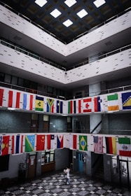 A sleek corporate office setting with international flags representing work visa countries.