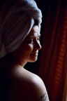 woman in white towel on head