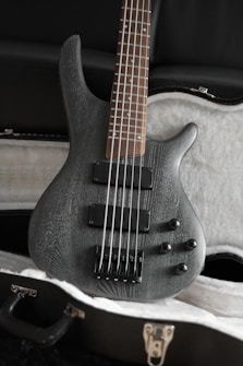 A sleek, dark-colored electric bass guitar is positioned inside a cushioned black guitar case. The guitar features a smooth, matte finish with visible wood grain patterns. The neck is adorned with frets and dot inlays, and the strings appear tightly strung, running over two pickups. Control knobs are visible on the lower part of the body.