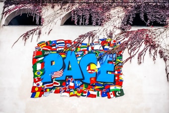 A mural featuring the word 'PACE' in large, bold blue letters surrounded by various national flags. The flags represent different countries, creating a sense of global unity. Branches with pink leaves hang above the mural, adding a touch of nature to the scene.
