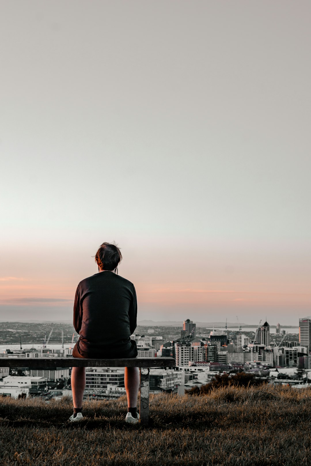 man in black long sleeve shirt sitting on brown wooden bench looking at city during daytime