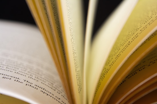 Pages of an open book with text visible, captured at a close angle that creates a dynamic, flowing effect. The focus is on the edges of the pages, with the text running along each visible surface.