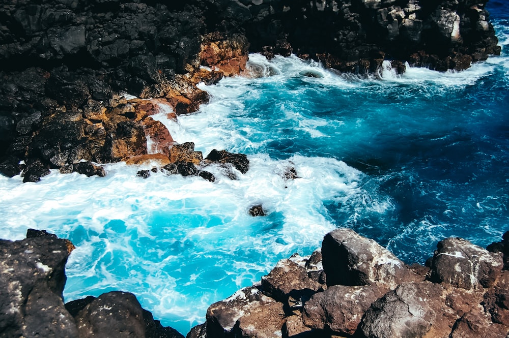 brown rocky shore with blue water