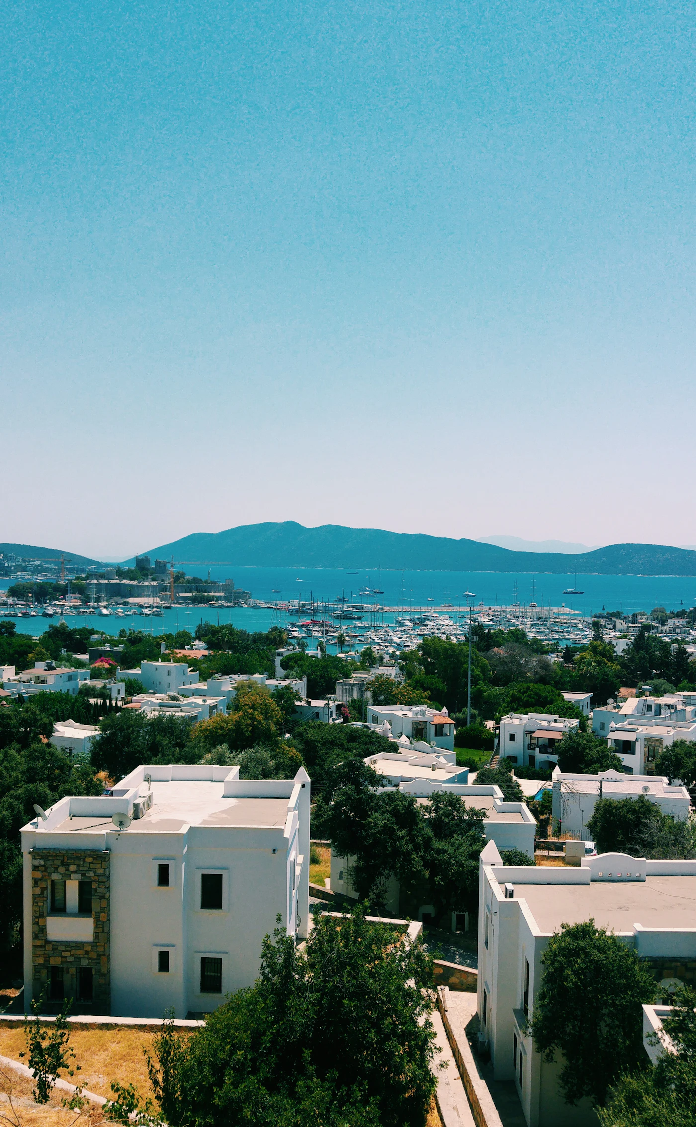 A whitewashed Aegean house against a green hillside