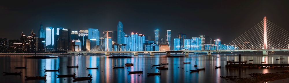 Horizonte de la ciudad a través del cuerpo de agua durante la noche