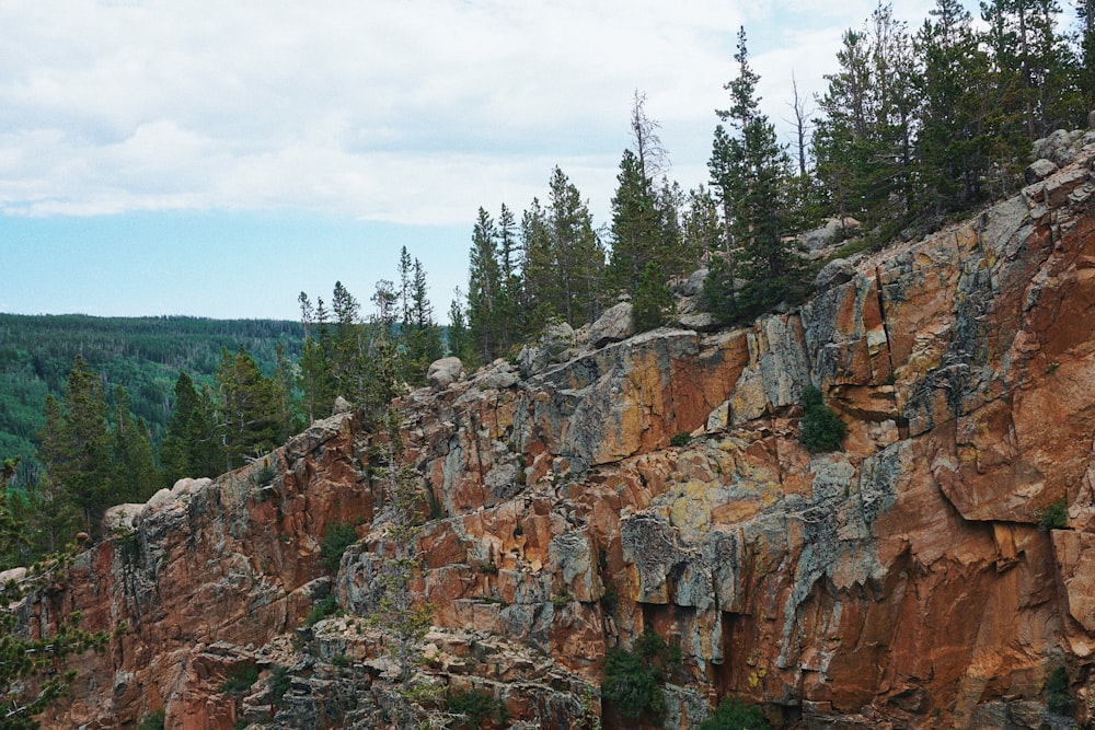 green pine trees on brown rocky mountain under white cloudy sky during daytime