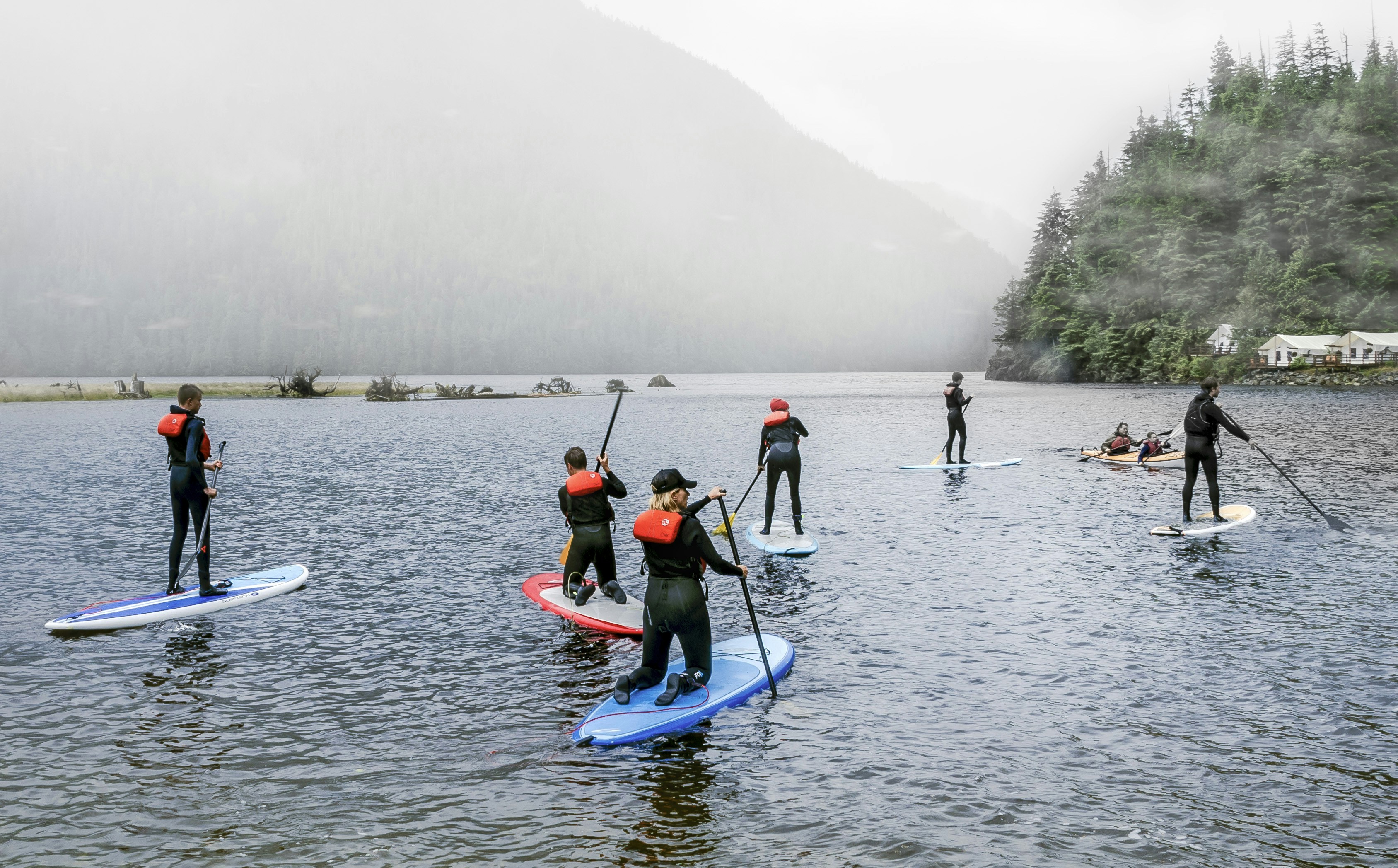6 people paddle boarding on Clayoquot Lake, BC, Canada